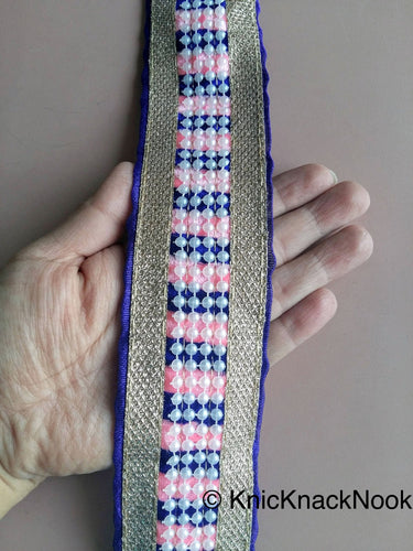 Velvet Fabric Trim, Pink And Silver Trim With FlatBack Beads Lattice, Approx. 50mm wide